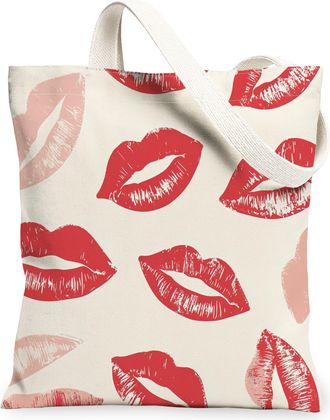 Generic Lips Print Canvas Tote Bag, Stylish Kiss Lip Pattern Reusable Grocery Bags, Fun Floral Lightweight Washable Shoulder Strap Canvas Bags for Shopping Tr