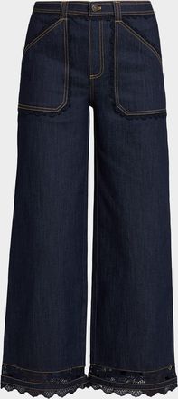 Cinq &agrave; Sept Scalloped Lace-Trimmed Wide-Leg Jeans