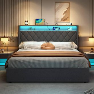 Merax Grey Linen Ottoman Bed with LED Storage Headboard & Charging Station | Size: King