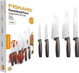 Fiskars Set 5 Coltelli Cucina, Functional Form, Grande Coltello da Cuoco, Coltello per Verdure, Coltello per Pomodori, Coltello da Cuoco Santoku, Coltello da