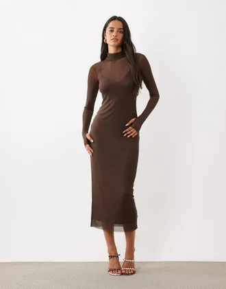 AFRM vestito midi bodycon con collo alto in rete e fodera tipo canottiera color cioccolato-Marrone