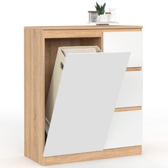 IDMarket Mobile Bagno A 1 Anta Tomi Con Cesto Portabiancheria Estraibile E 3 Cassetti Effetto Faggio Bianco