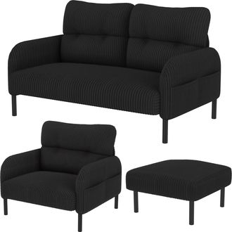 STILVORA Conjunto De Sof&aacute;s De 4 Plazas En Terciopelo Acanalado Con Sof&aacute; Recto, Sill&oacute;n, Taburete, Bolsillo Lateral, Negro