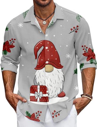 Generic Christmas Shirts for Men Santa Claus Party Long Sleeve Button Down Shirts Family Christmas Outfits (UK, Alpha, 4XL, Regular, Regular, 10)
