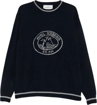 Iceberg Intarsia-Gebreide Trui met Logo - Heren - Ronde hals truien - Blauw - XL - Truien & Vesten