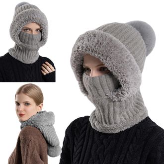 Generic 3 in 1 Womens Winter Beanie Hat with Scarf and Mask, Fleece-Lined Knit Set, Windproof Snow Caps for Cold Weather Dark Grey