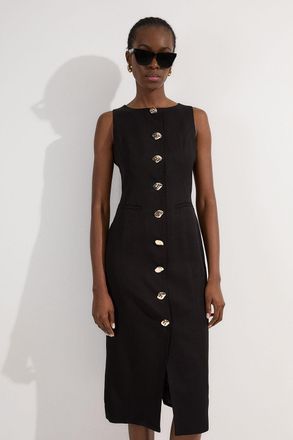 Karen Millen Womens Viscose Linen Tailored Statement Button Front Pencil Midi Dress - Black - Size 8 UK