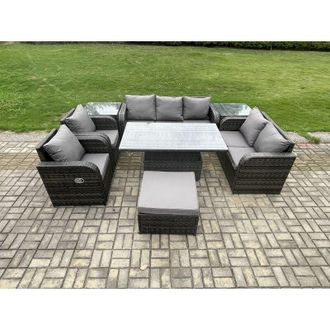 Fimous Wicker pe Rattan Outdoor Garden Furniture Sets Height Adjustable Rising lifting Dining Table Reclining Chair Sofa Set with Side Table Dark Grey Mixed