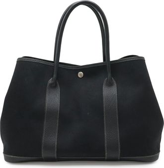 Herm&egrave;s Garden Black Toile Officier Leather Handbag Tote Bag (Pre-Owned)