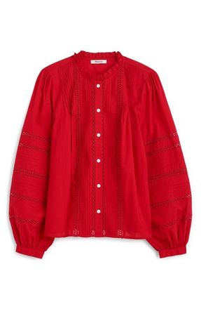 Madewell High Neck Lace Detail Pintuck Cotton Top in Cherry at Nordstrom, Size Xx-Small