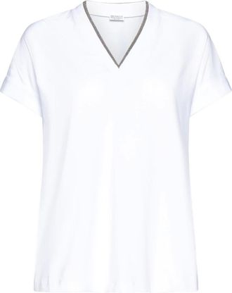 Brunello Cucinelli Tops, Dames, Wit, XS, Katoen, Stretch T-shirt van katoenjersey met kostbare halslijn
