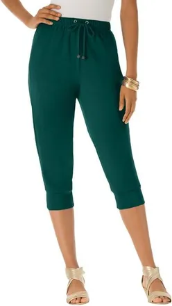 Roaman's Plus Size Soft Knit Capri Pant With Drawstring Waist in Emerald Green at Nordstrom, Size Small