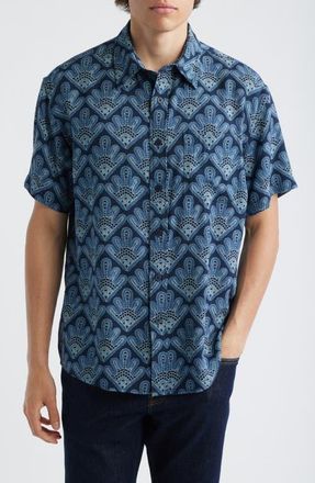 Nn.07 Deon 50055 Abstract Print Short Sleeve Button-Up Shirt in Navy Blue at Nordstrom, Size Xx-Large