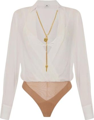 Elisabetta Franchi Georgette Body met Ketting en Satijnen Beha - Dames - Bodies - Wit - L - Satijn - Tops