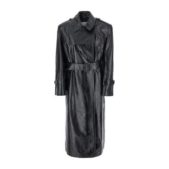 Sportmax Sportmax, Trench Coats, female, Black, Size: 2XS Alfeo Black Leather Trench Coat with Waist Belt