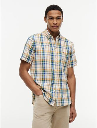 Tommy Hilfiger Mens Classic Fit Cotton-Linen Madras Shirt - Ivory Petal / Check - XXL