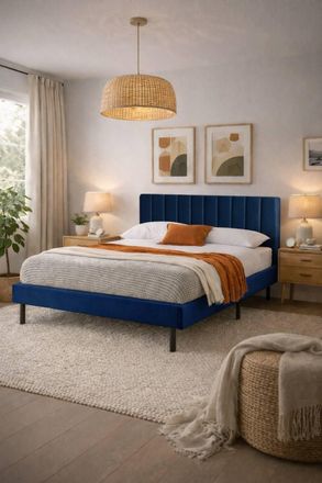 Aspire Home Accents Verona Velvet Bed Frame Padded Headboard Pink Navy Cream in Blue | Size: Double
