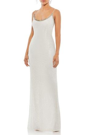 Mac Duggal Rhinestone Encrusted Scoop Neckline Beaded Gown in White at Nordstrom, Size 10