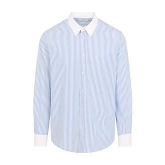 Celine Casual Shirts, male, Blue, Size: 2XL Classic Shirt in Striped Cotton Poplin
