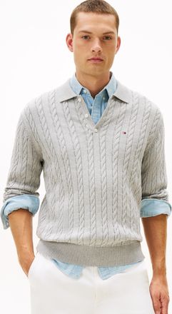 Tommy Hilfiger Polokragenpullover TOMMY HILFIGER CLASSIC COTTON CABLE, Herren, Gr. XL, light grau heather, Strick, Obermaterial: 100% Baumwolle, regular fit, Rippb&uuml;n