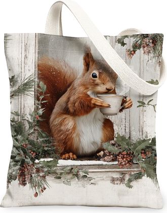 Generic Winter Squirrel Canvas Tote Bags, Rustic Animal Design Reusable Grocery Bags, Vintage Eco-Friendly Washable Shoulder Strap, Natural, 13x15 Inch