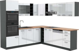 Vicco Cocina Esquinera R-line, Blanco Brillo/antracita, 237 X 247 Cm, Et Roble