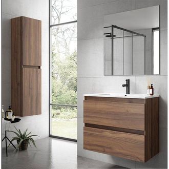 Adema Chaci Badkamermeubelset - 60x46x57cm - 1 ovale keramische wasbak wit - 1 kraangat - 2 lades - rechthoekige spiegel - noten (hout)