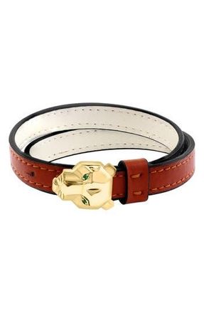 Effy Tsavorite Panther Head Leather Strap Bracelet in Brown/Gold/Green at Nordstrom Rack, Size 7.5