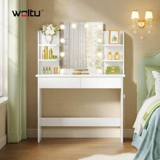 Woltu Woltu Mueble De Tocador Con Espejo Led, 2 Cajones Grandes Y 4 Estantes, Blanco