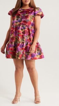 Chelsea28 Puff Sleeve Floral Jacquard Minidress in Pink Multi Brocade at Nordstrom Rack, Size 2X