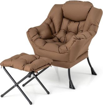 Costway Modern Leisure Reading Chair Lounge Chair Lazy Chair w/ Ottoman-Brown