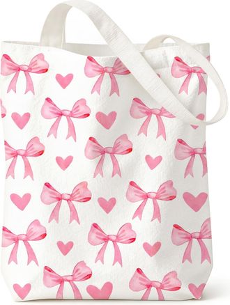 Generic Pink Bow Canvas Tote Bag, Cute Reusable Cotton Bag for Women, Double-Sided Printed Shopping Bag, Cute Tote Bag for Girls, Canvas Bags for School, Work