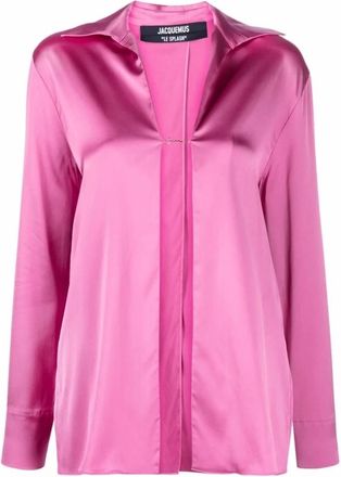 Jacquemus La chemise Notte logo-plaque shirt - Dames - Overhemden - Roze - S - Satijn - Overhemden