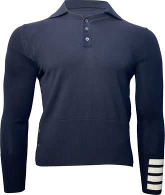 Thom Browne 4-Bar Long Sleeve Polo Shirt in Navy Blue Merino Wool