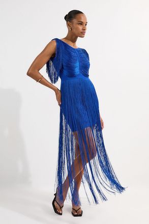 Karen Millen Womens Maxi Draped Fringe Knitted Mini Dress - Blue - Size X-Small