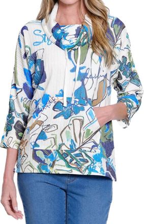 Multiples Drawstring Cowl Neck Print Top In Ivory Mix