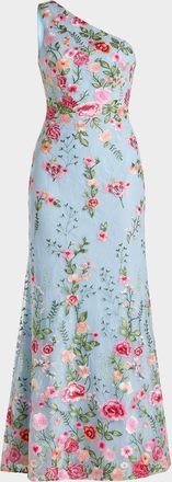Mac Duggal One-Shoulder Floral Embroidered Gown