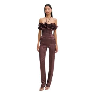 Elisabetta Franchi Jumpsuits & Playsuits, Dames, Bruin, S, Satijn, Satijnen Jumpsuit met Maxi Ruche