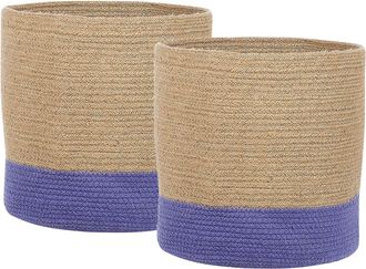 Beliani Conjunto De 2 Cestas De Yute Beige Natural Violeta Trenzado Accesorio Bulanik