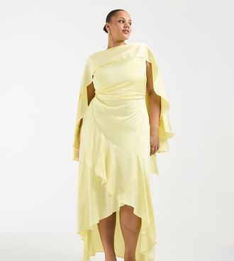 Tfnc Plus Vestito lungo da cerimonia in raso giallo con corpino e mantella