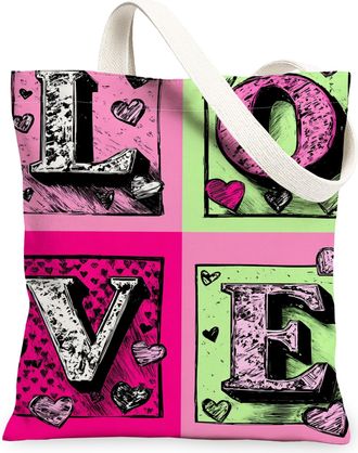 Generic Love Hearts Canvas Tote Bags, Colorful Graphic Design Reusable Grocery Bags, Stylish Lightweight Washable Shoulder Strap Ca, Peach, 13x15 Inch