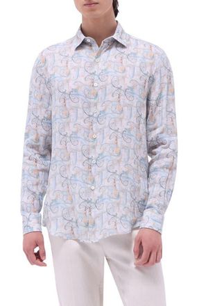 Bugatchi Julian Shaped Fit Linen Button-Up Shirt in Mint at Nordstrom, Size Xxx-Large