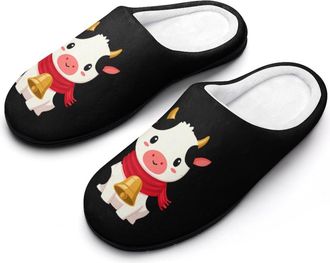 Generic Cute Cow with Red Scarf Funny Mens Cotton Slippers Soft Non-Slip Rubber Sole House Slipper Indoor Outdoor