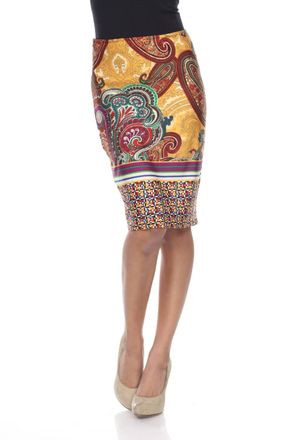 White Mark Printed Pencil Skirt In Mustard Brown