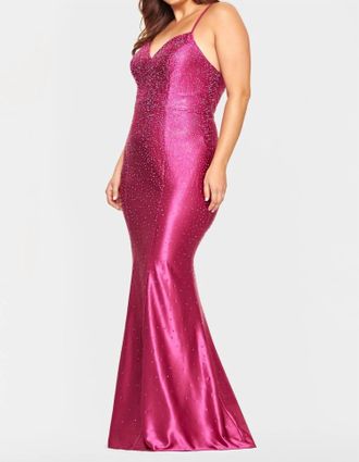 Faviana Satin V-Neck Rhinestone Gown In Raspberry