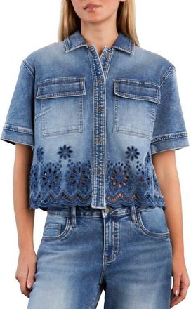 Wash Lab Denim Petal Eyelet Denim Button-Up Shirt in Relaxed Blue at Nordstrom, Size X-Large
