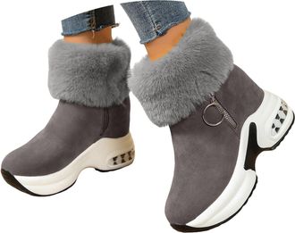 Generic Womens Winter Casual Chunky Heel Ankle Snow Boots - Fur Lined Warm Slip On Flats - Waterproof Comfortable Outdoor Booties(Dark Gray,9.5)