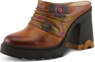 L'Artiste by Spring Step Chemistry Platform Mules | Hand-Painted Leather Slip-On with Sculpted Heel, Camel Multi, 9.5-10