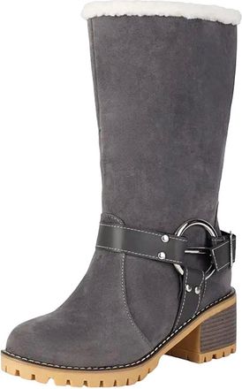 Generic Womens Retro Mid Calf Boots Round Toe High Block Heel Platform Slip On Design With Metal Detail Casual Pull On Shoes