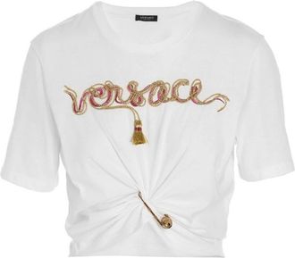 Versace T-shirt met veiligheidsspeld logo - Dames - T-shirts - Wit - XS - Katoen - Tops